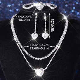 Unicra Silver Rhinestone Necklace Earrings Bracelet Sets Bridal Wedding Jewelry Set Heart Costume Jewelry Sets for Women and Brides (Silver)