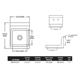 BK Resources BKHS-W-SS-P-G Wall Mounted Stainless Steel Space Saver Hand Sink with 3.5" Gooseneck Faucet, 9" x 9"Bowl Size, 12.18" Height, 16" Width, 12" Length