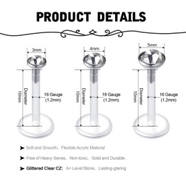 Briana Williams 16-Piece Lip Piercing Bioflex Labert Plug Set Transparent 16G Retainers 6/8/10 mm Rod Monroe Medusa Piercing CZ Opal, Plastic, Style3