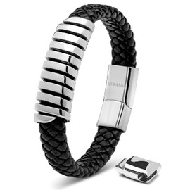 SERASAR Mens Leather Bracelet 17cm Silver Mens Presents Bracelet Men Gift-Box Cowhide Braided Magnetic-Clasp Multi-Layer Wrap Rope Mans Male Boy Boys Mens Bracelets Band Jewelry Magnet Accessories