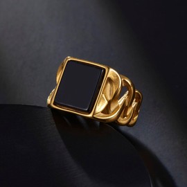 Gold Onyx Ring for Men Stainless Steel Vintage Braided Cuban Link Signet Ring Size 11