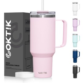 COKTIK 40 oz Tumbler With Handle and Straw Lid, 2-in-1 Lid (Straw/Flip), Vacuum Insulated Travel Mug Stainless Steel Tumbler for Hot and Cold Beverages,Easy to Clean (Blush)