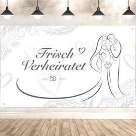DPKOW Newly Married Banner for Wedding Decoration, Romantic Just Married Banner for Wedding Indoor Outdoor Decoration, Mr & Mrs Banner for Front Door, Garden, Wedding Arch Decoration, 185 x 110 cm