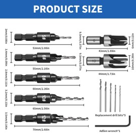 Asheyya 5PCS Countersink Drill Bit Set, Plug Cutters for Wood Set with 1/4 Inch Hex Shank, 2PCS Wood Plug Cutter and L-Wrench