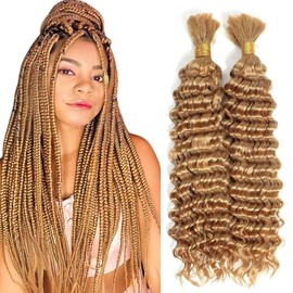 Tuheerst Pre Stretched Braiding Human Hair #27 Honey Blonde Deep wave 50g/Bundle Total 100g Unprocessed No Weft Boho Braids Human Hair Extension Dark Blonde Color 14 14 Inch