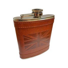 Stainless Steel Hip Flask with Union Jack Brown Leather Cover, British Collectable