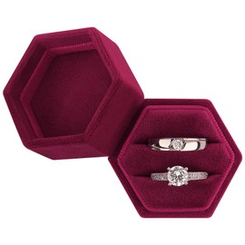 DesignSter Velvet Ring Box - Hexagon Premium Gorgeous Vintage Double Ring Display Holder with Detachable Lid for Proposal, Engagement, Wedding, Ceremony (Burgundy Red)