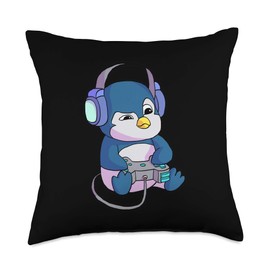 Funny Gamer Gifts & Gaming Shirts for Men & Boys Gamer Boys Gaming Gift Teen Girl Penguin Shirt Throw Pillow, 18x18, Multicolor