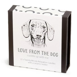 Dachschund - Love from The Dog - Cotton & Grey - Twenty Minute Candles - Pack of 12 with a Ceramic Holder - Beeswax - Dripless