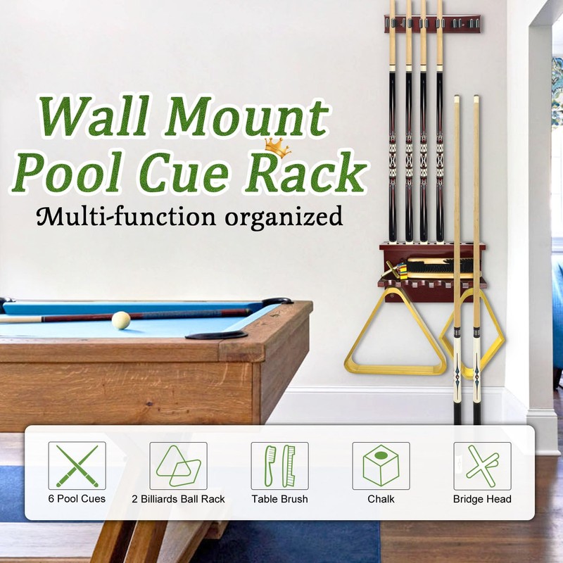 Pool Stick Holder Wall Mount,Hardwood Billiards Pool Cue Rack, Pool