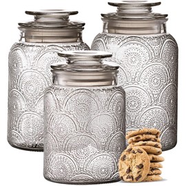 Le'raze Food Storage Containers with Airtight Lids - Retro Design - Pantry Organization, Glass Canisters Storage for Cookies, Tea, Sugar, Candy Jars, Sugar Packet, Set of 3