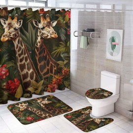 TOWINSFB 4Pcs African Giraffe Flower Shower Curtain Sets, Bathroom Decor Set with Rugs, Bath Mat Retro Leaf Plant Wonderland Animal Shower Curtain, 72 X 72 Inch