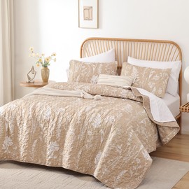 JANZAA Quilts Queen Size Taupe Quilt Botanical with Floral Pattern Microfiber Bedspreads Queen Size 3 Pieces Lightweight Comforter Reversible Bedding Set with 2 Pillow Cases