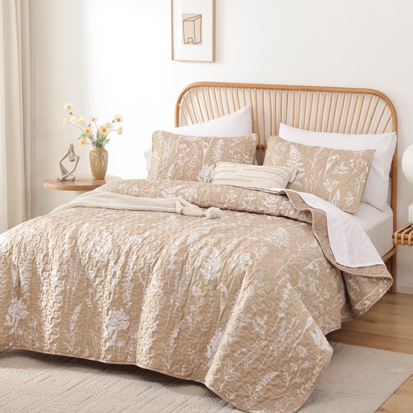 JANZAA Quilts Queen Size Taupe Quilt Botanical with Floral Pattern