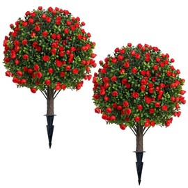 Set of 2 Artificial Boxwood Topiary Ball Bushes with Red Flowers Outdoor Plants with Ground Spike,23.6inch UV Resistant Faux Greenery Shrub Fake Bushes for Garden,Yard,Porch Decor