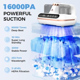 Amzany Mattress Vacuum Cleaner - 5-in-1 Cordless Bed Vacuum Cleaner, Powered by UV-C Light & Ultrasonic Technology, 16Kpa Strong Suction,Low Noise,Suitable for Dust, Pet Hair, Etc.