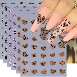 Valentine's Day Nail Stickers Heart Nail Decal 6PCS 3D Self-Adhesive Leopard Print Nail Art Stickers Brown Black Purple Leopard Heart Nail Art Design Supplies Stickers for Women Nails Art Decorations