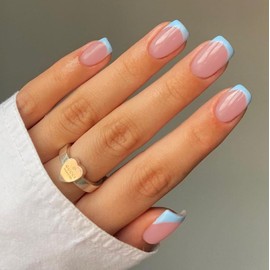 Square Press on Nails Short French Fake False Nails With Glue，Short Coffin Fake Nails Kit Classic Opaque Acrylic Nails for Women Girls in 24 PCS (Mint Green)