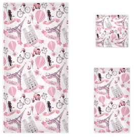 Naanle Chic Romantic Paris Butterfly Eiffel Tower Bike Soft Luxury Set of 3 Towels, 1 Bath Towel+1 Hand Towel+1 Washcloth, Multipurpose for Bathroom, Hotel, Gym, Spa and Beach(Pink)
