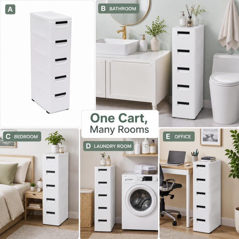 5-Drawer Narrow Storage Cabinet with Wheels, Slim Plastic Storage Drawers
