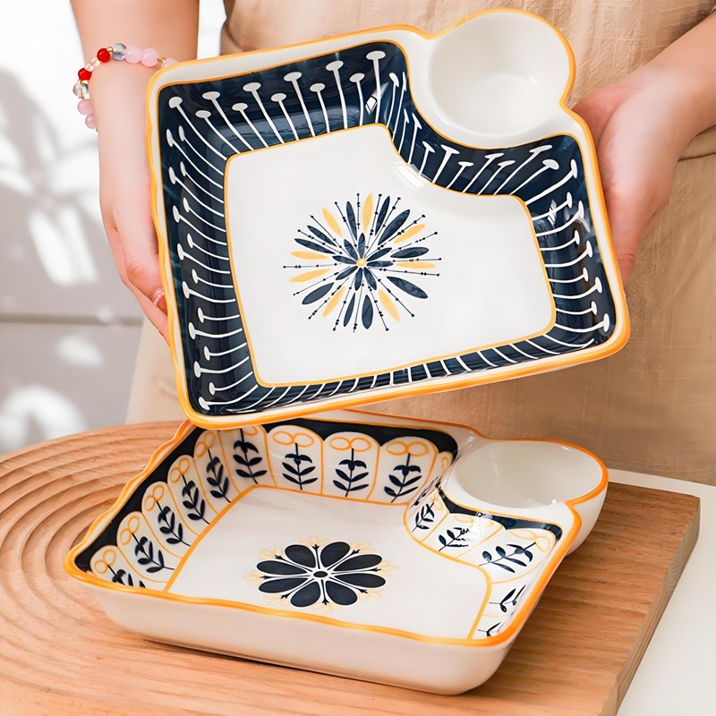 Noamus 4 Pack Dumpling Plate with Dipping Saucer, 7.5" Ceramic