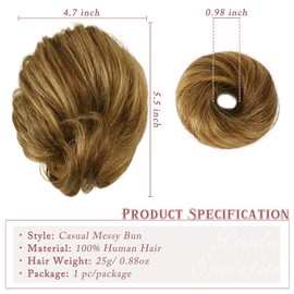 RUWISS Long Thin Straight Tousled Updo Bun 100% Real Human Hair Curly Short Ponytail Elegant Hair Pieces Long Scrunchie Extension Casual Bun Extensions for Women 25g (Brown with Blonde Highlights)
