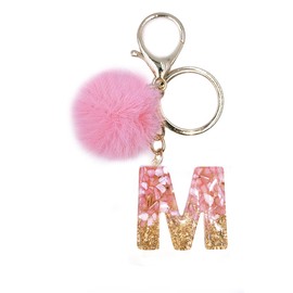 jtkdxqs Letter A-Z Keychain Crystal Pink with Ball Pom pom Key Ring for Women Girls Cute Pendant,Letter M