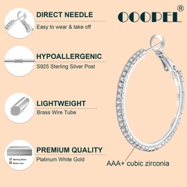 Large Rhinestone Hoop Earrings 925 Sterling Silver Post Cubic Zirconia Hoop Earrings Thin Rhinestones Round Hoop Earrings for Women Silver Hoop Earrings Sparkly Hoop Earrings with Crystals for Womens