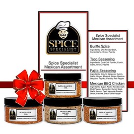 Mexican Assortment Set - STILL ARRIVES BY CHRISTMAS EVE or SOONER - Contains: 4 Assorted Plastic Jars (1 each of: Burrito Spice, Taco Seasoning, Fajita Seasoning, and Mexican BBQ Chicken.)