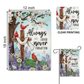Covido Memorial Christian Cross Cardinal Decorative Garden Flag, Religious Always Loved Never Forgotten Yard Outside Decorations, Spring Summer Flower Outdoor Small Home Decor Double Sided 12 x 18