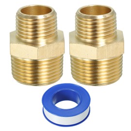 PATIKIL Solid Brass Hex Nipple Pipe Fitting Thread Adapter with Sealing Tape, 2 Pack 1/2" NPT x 3/4" NPT Male Water Line Connectors Couplings