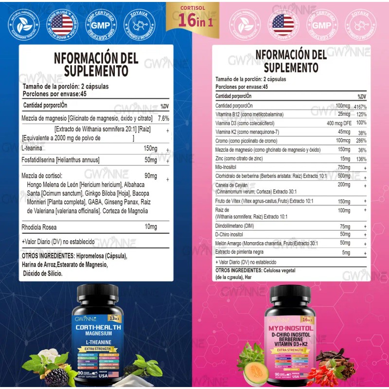 Gwynne Suplemento Cortisol Cápsulas Inositol Myo Glicinato Magnesio Vitamina B12