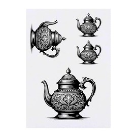 4 x 'Fancy Teapot' Temporary Tattoos - Water Resistant, Skin-Safe, Non-Toxic Transfers, Mixed Sizes (TO00083230)