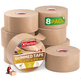 XFasten Paper Packing Tape Brown 2.75-Inch x 375-Feet, 8-Pack Brown Paper Tape, Water Activated Tape Kraft Tape Paper Gummed Kraft Paper Tape for Packing Boxes, Reinforced Packing Tape