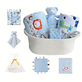 CREVENT Baby Welcome Gift Set Storage Basket with Two Blankets+ A Security Blanket + A Taggie + A Gift Bag with Ribbon (Blue)
