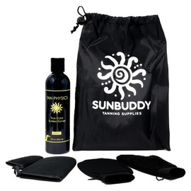 SUNBUDDY Tan Physics Self Tanner & Sunbuddy Deluxe Bundle (6pcs)CFace & Body Tanner Mitts, Exfoliation Glove, Application Mitt, Storage Bag & 8oz True Color Sunless Tanning Lotion-self tanning mitt applicator