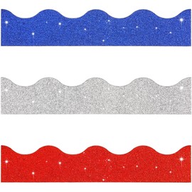 62 Feet Back to School Bulletin Board Border Shiny Glitter Scalloped Borders Bulletin Board Decorative Trim Poster Borders Bulletin Board for School Classroom Decoration Strips (Blue, Red, Silver)