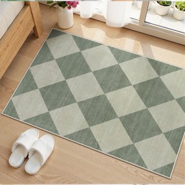 Beeiva Checkered Washable Entryway Rug 2x3, Non Slip Ultra Thin Green Front Door Mat Indoor Entrance Low Pile Small Kitchen Rug, Moroccan Neutral Throw Carpet for Bedroom Bathroom Laundry (2'x3')