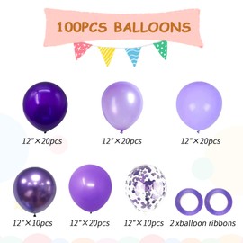 100pcs Purple Balloons - 12inch Metallic Chrome & Lavender Lilac Balloons with Confetti for Wedding, Baby Shower, Bridal Shower, Princess Birthday Parties (with 66ft Ribbons)