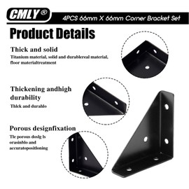 Corner Brace Brackets, 4Pcs 66mm x 66mm Corner Braces for Wood, Metal Corner Brackets, Triangle Shelf Bracket, Black Angle Bracket, Corner Desk Connector for Bed, Table, Cabinet