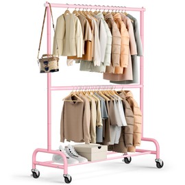MISSLO Heavy Duty Clothing Racks for Hanging Clothes Rack Double Rod Garment Rack Rolling Closet Wardrobe Rack on Wheels, Metal, Adjustable (Pink)