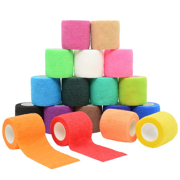 Yuronam 18 Pack Self Adhesive Bandage Wrap Stretch Self Adherent Tape for Sports, Finger, Wrist, Ankle, Breathable Cohesive Vet Tape for Pets (18 Colors,2 Inch x 5 Yards/Roll)