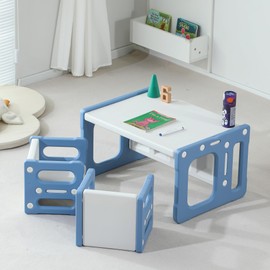 SINKIPA 3 in 1 Montessori Weaning Table and 2 Chairs Set, Kids Activity Table Set, 2 Height Levels, Toddlers Activity Table for Drawing, Dining, Reading and Playing, Blue