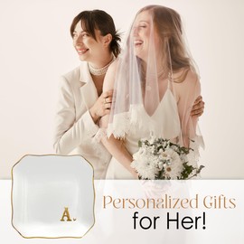 OASSIE Wedding Gifts - 4"x4" Initials Ceramic Jewelry Dish Tray Letter A - Monogrammed Bridal Shower Gifts for Women, Engagement Gift, Ring Dish for Wedding Gift Ideas, Ring Holder for Women