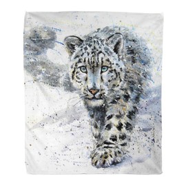 Home Decor Throw Blanket, Watercolor Snow Leopard Animal Wildlife, Warm Soft Cozy Flannel Bed Blankets for Bed, Couch, Sofa and Chair, All Seasons Suitable, 80x60 inches