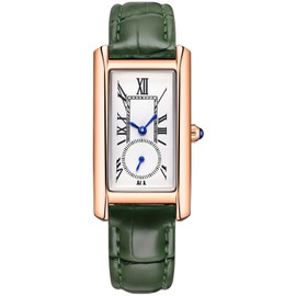 carlien Women Quartz Watch Lady Stylish Rectangle Dress Watch with Leather Strap and Sapphire Crown, Rose Green, Quartz Watch