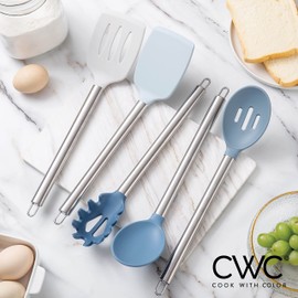 COOK WITH COLOR Silicone Cooking Utensils, 5 Pc Kitchen Utensil Set, Easy to Clean Silicone Kitchen Utensils, Cooking Utensils for Nonstick Cookware, Kitchen Gadgets Set (Blue and White)
