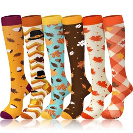 HooLing 6 Pairs Fall Compression Socks Thanksgiving Autumn Socks for Women Men with Turkey, Maple Leaf, 6 Design(Classic Style)