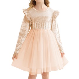 Sinhoon Velvet Girls Dresses Ruffle Sleeve Tulle Girls Dress for Fall Winter Kid's Casual Dress 5-10 Years Beige