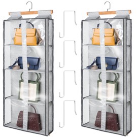 Silkfly 2 Pack Hanging Purse Organizer for Closet Clear Handbag Storage Hanger with Zipper Holder over The Door Wardrobe Tote Bag Storage Holder for Bedrooms Living Room(Gray)